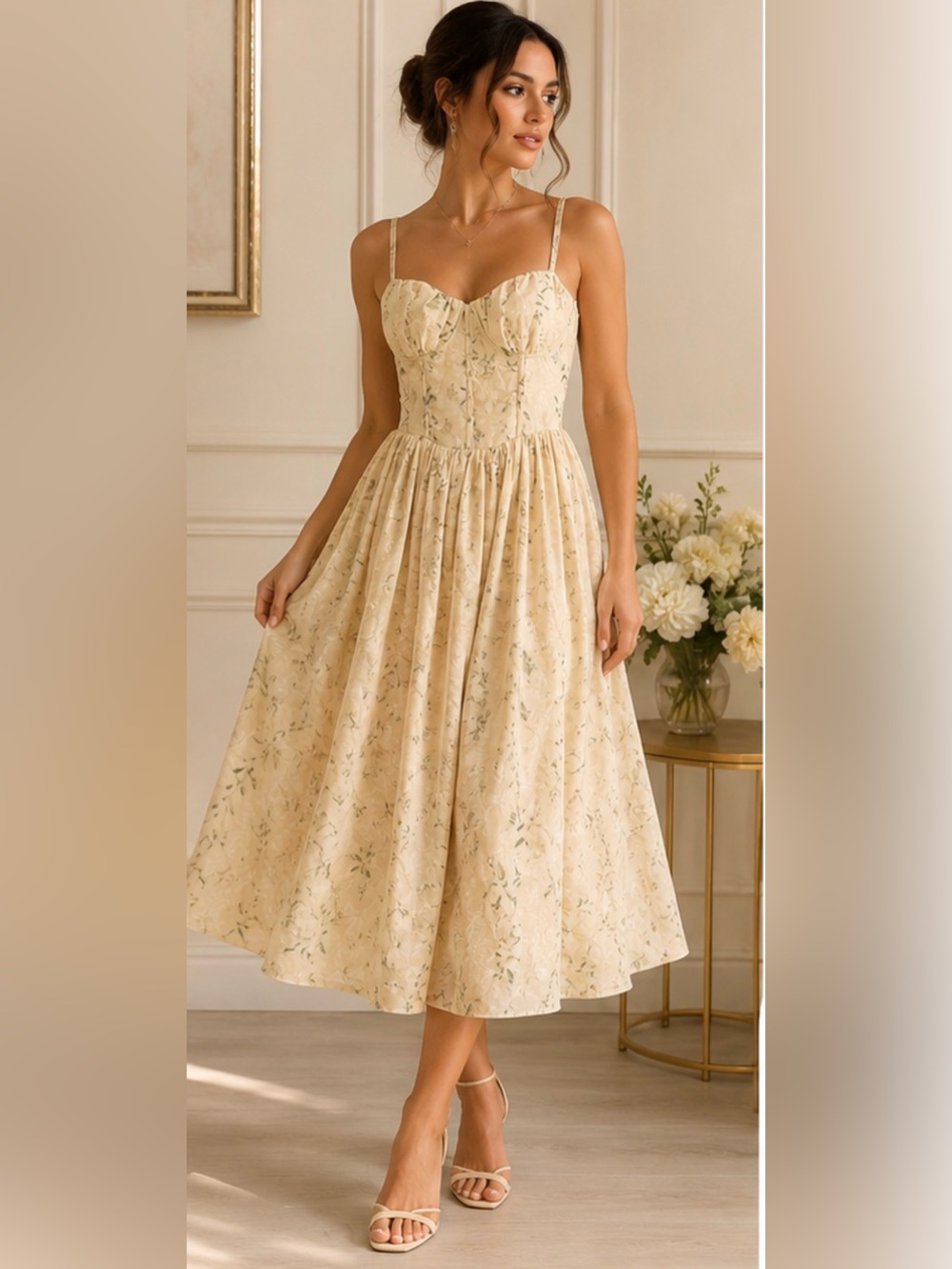 Thirty/thirty Elegant Cream Floral Midi Dress with Sweetheart Bust
